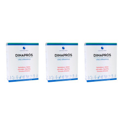 Dinaprós Pack x 3 - Mahen con 180 cápsulas, tres cajas blancas de producto para vías urinarias.