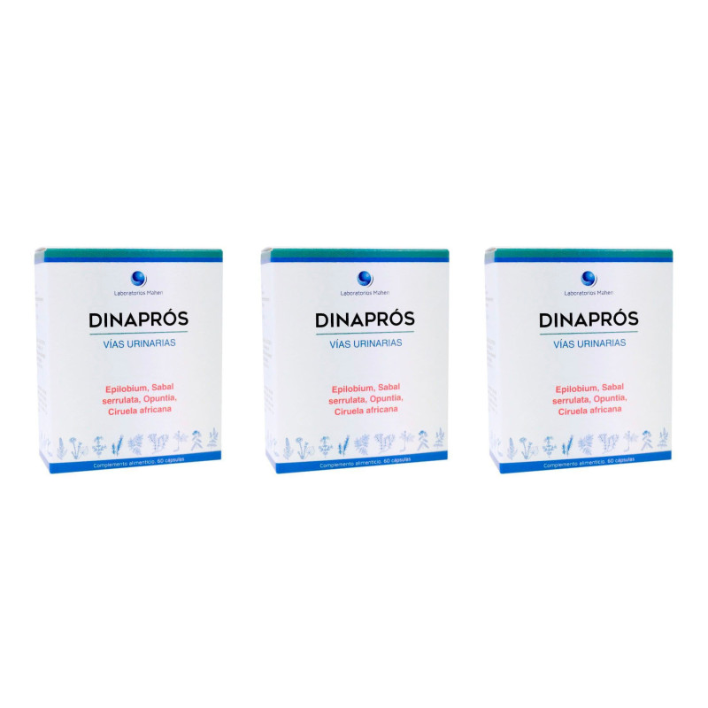 Dinaprós Pack x 3 - Mahen con 180 cápsulas, tres cajas blancas de producto para vías urinarias.