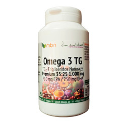 Omega 3 TG Premium de Manabios, botella blanca con etiqueta que indica 350 mg EPA y 250 mg DHA por perla, 90 perlas.