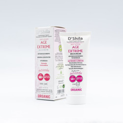 Tubo y caja de crema facial D'Shila Age Extreme Maximum, 60 ml, con fórmula orgánica anti-edad y protección SPF 50+ UVB/UVA.