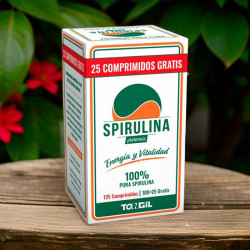 Caja de Spirulina Tongil con 125 comprimidos y promoción “25 comprimidos gratis”, diseño verde y naranja sobre fondo blanco.