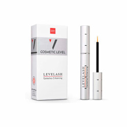 Sérum alargador de pestañas Levelash Eyelas en frasco plateado junto a su caja blanca, con aplicador negro y punta naranja.