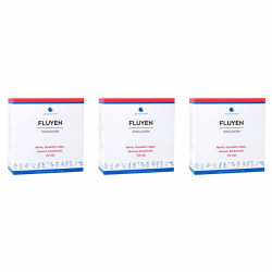 Tres cajas de producto idénticas con etiqueta "FLUYEN CIRCULACIÓN" en fondo blanco, con bandas rojas y azules en borde superior