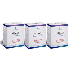 Pack 3 Vitamás Mahen de 30 cápsulas cada una, cajas blancas con bandas azul y morada.