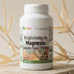 Bisglincinato de Magnesio Manabios 500 mg - 90 cápsulas, botella blanca con etiqueta que indica Quelato puro 950 mg y 120 cápsul