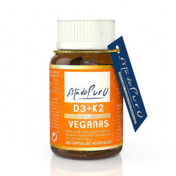 Vitamina D3 + K2 veganas de Estado Puro en frasco con 60 cápsulas y etiqueta naranja, pequeño lazo azul.