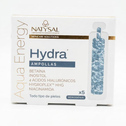 Ampollas Aqua Energy Hydration de Natysal, caja blanca con detalles azules y imagen de monodosis; contiene 5 unidades.