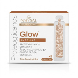 Ampollas Glow Proteoglicanos de Natysal, caja blanca con diseño en tonos marrón y naranja, 5 monodosis para todo tipo de pieles.