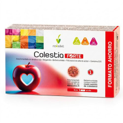 Colestio Forte - Novadiet: caja de 60 cápsulas con manzana roja y corazón, texto informativo y gráficos de ingredientes activos